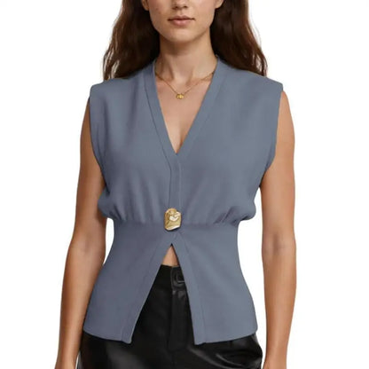 Sleeveless Plunging Neckline Split Hem Top