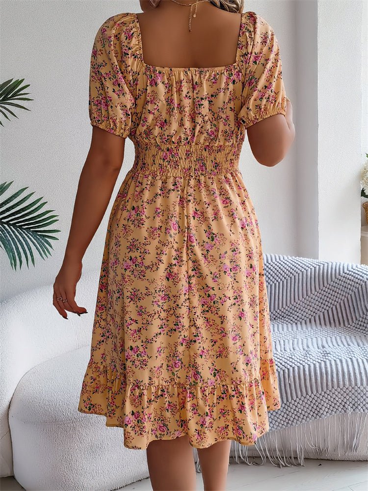 Square Neck Smocked Puff Sleeve Floral Midi Dress