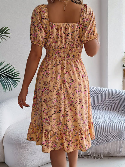 Square Neck Smocked Puff Sleeve Floral Midi Dress