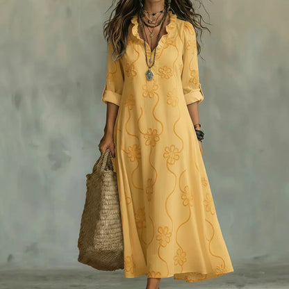Three Quarter Sleeve Split Neck Maxi Dress