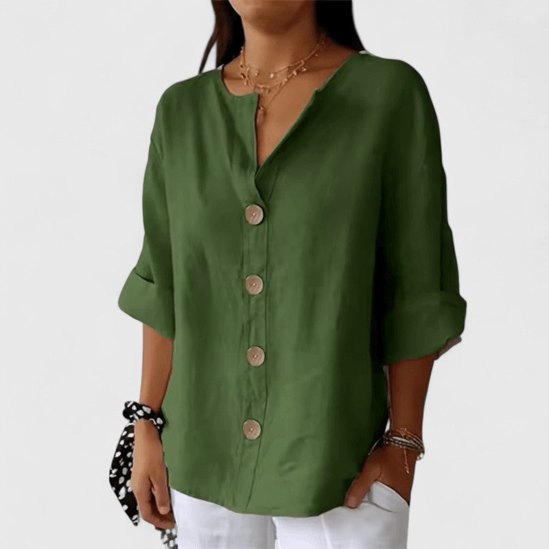 Three Quarter Sleeve V Neck Button Up Solid Loose Blouse