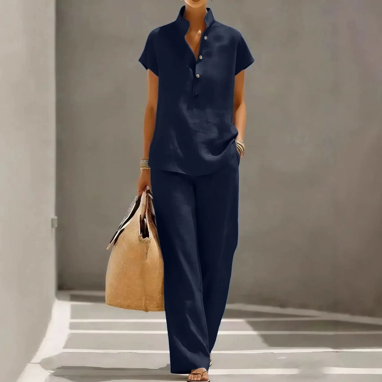 Relaxed Collared Buttoned Straight Long Set