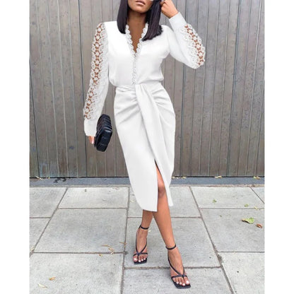 Lace Trimmed Long Sleeve Slit Midi Dress