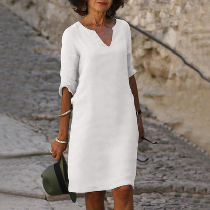 Straight Silhouette Split Neck Loose Fit Midi Dress