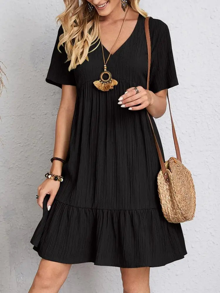 Textured Tiered Gathered Flared Short Relaxed Dress
