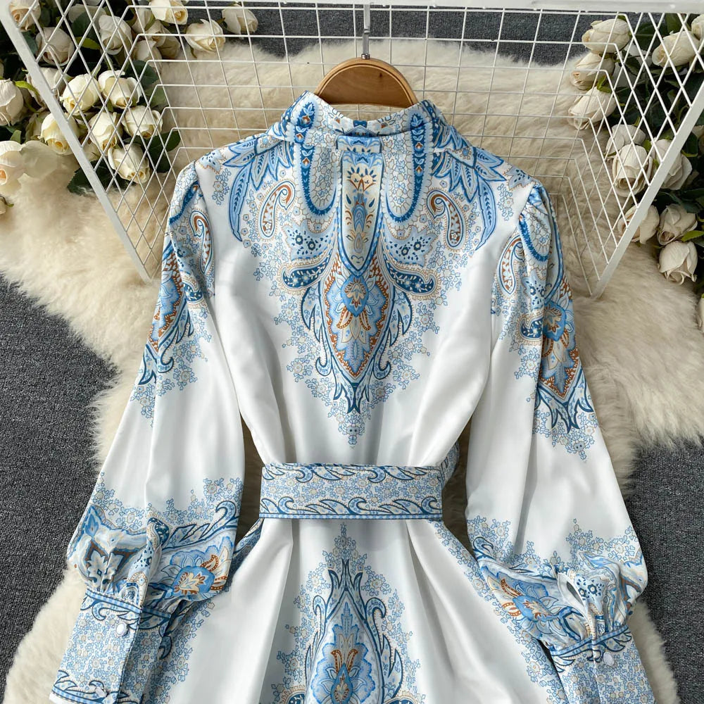 Paisley Printed Belted Bishop Sleeve Maxi Dress