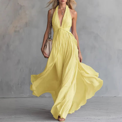 Halter Plunging Pleated Knotted Flared Dress