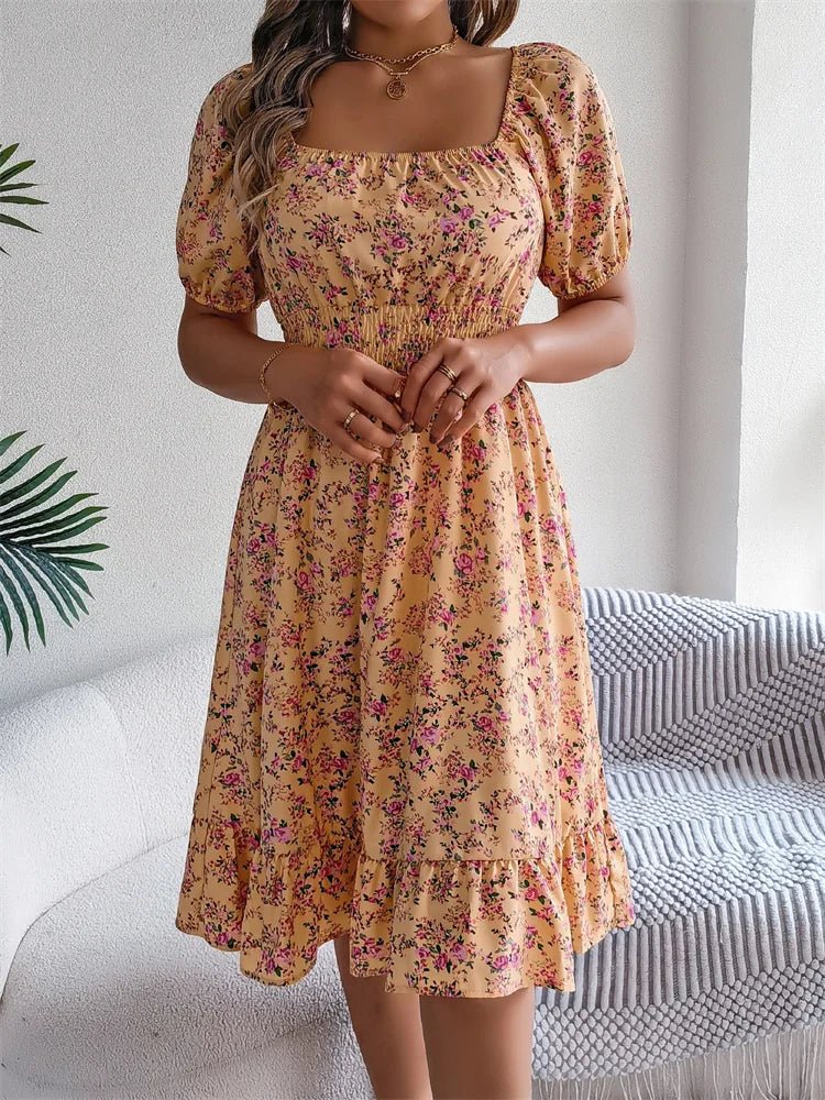 Square Neck Smocked Puff Sleeve Floral Midi Dress