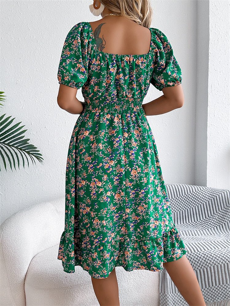 Square Neck Smocked Puff Sleeve Floral Midi Dress