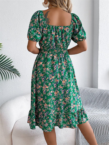 Square Neck Smocked Puff Sleeve Floral Midi Dress