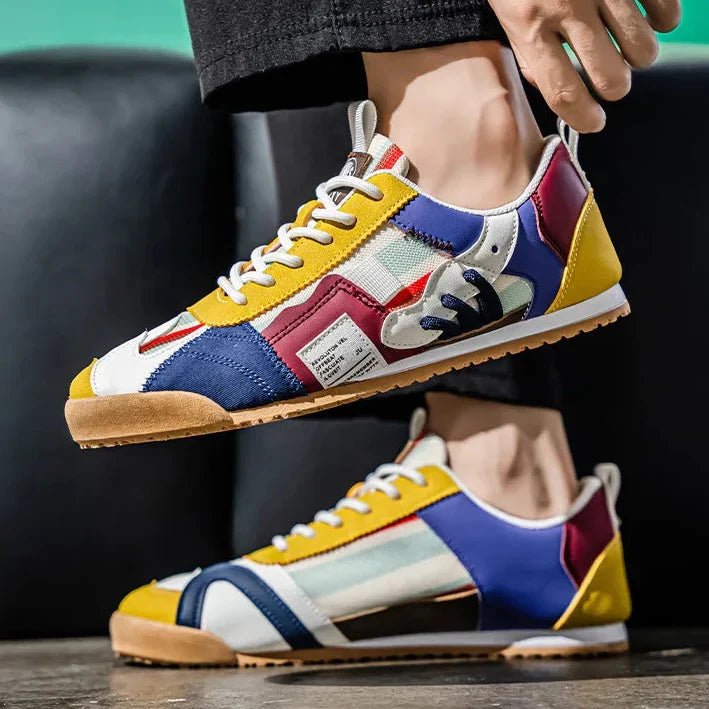 Patched Striped Rounded Textured Flat Sneakers