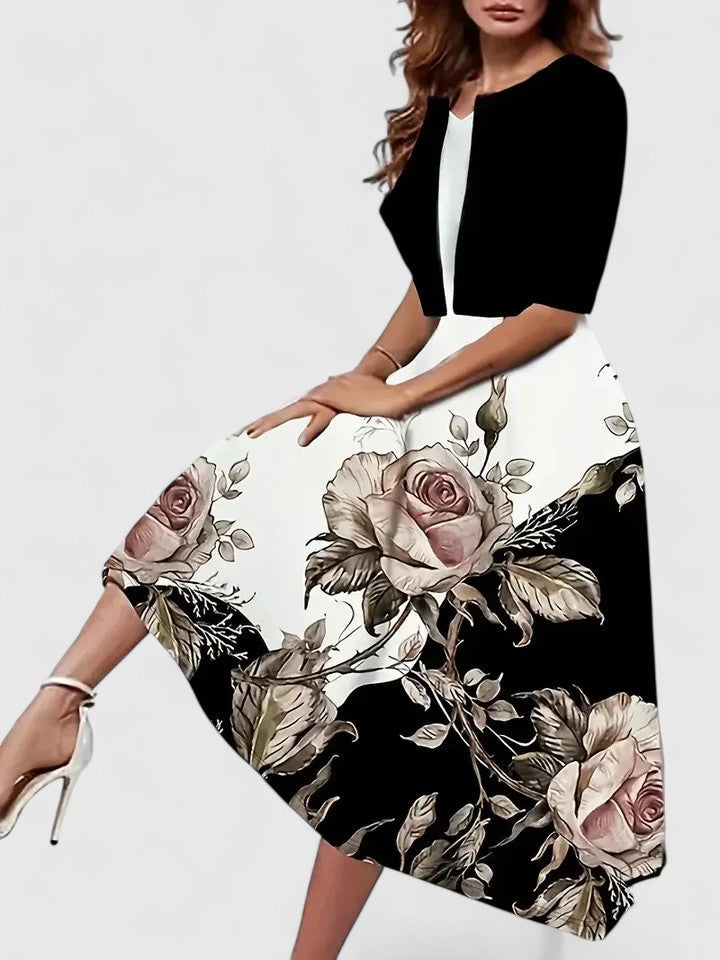 Floral Printed Layered Flared Sleeved Midi Dress