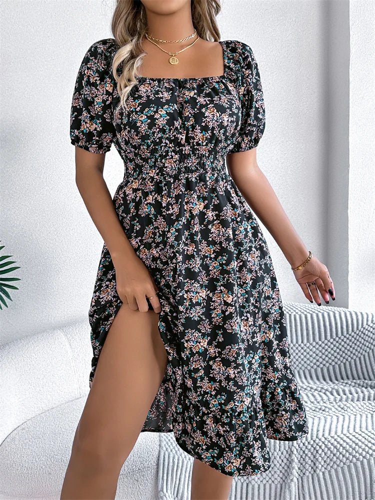 Square Neck Smocked Puff Sleeve Floral Midi Dress