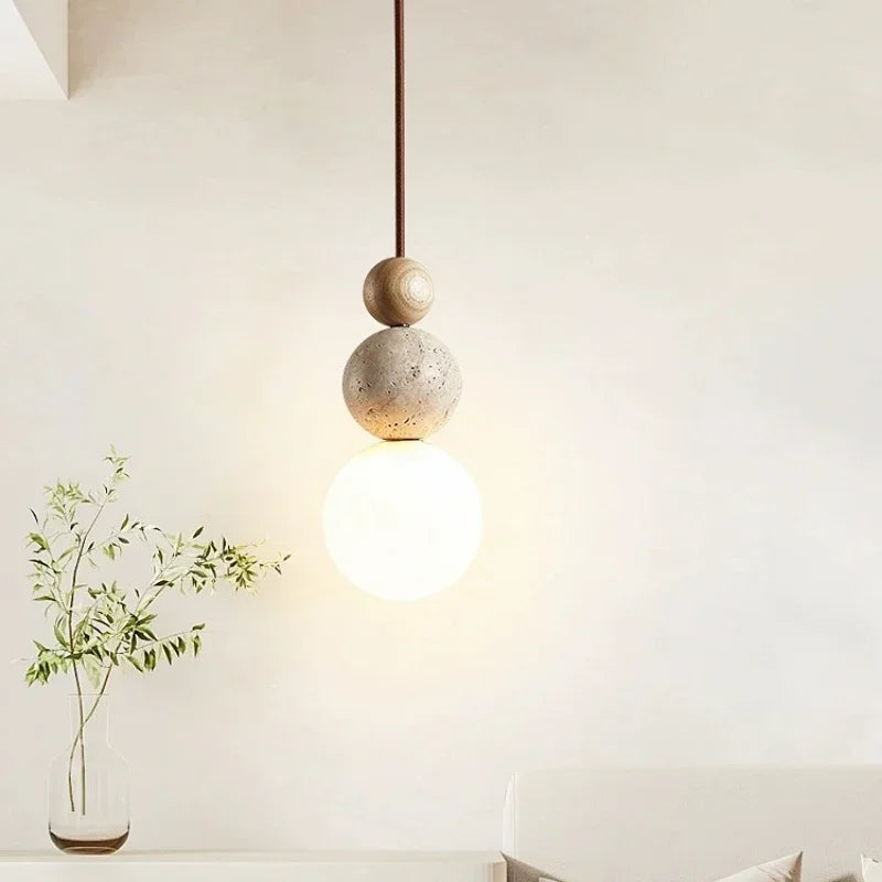 Stone and Wood Orb Pendant Light