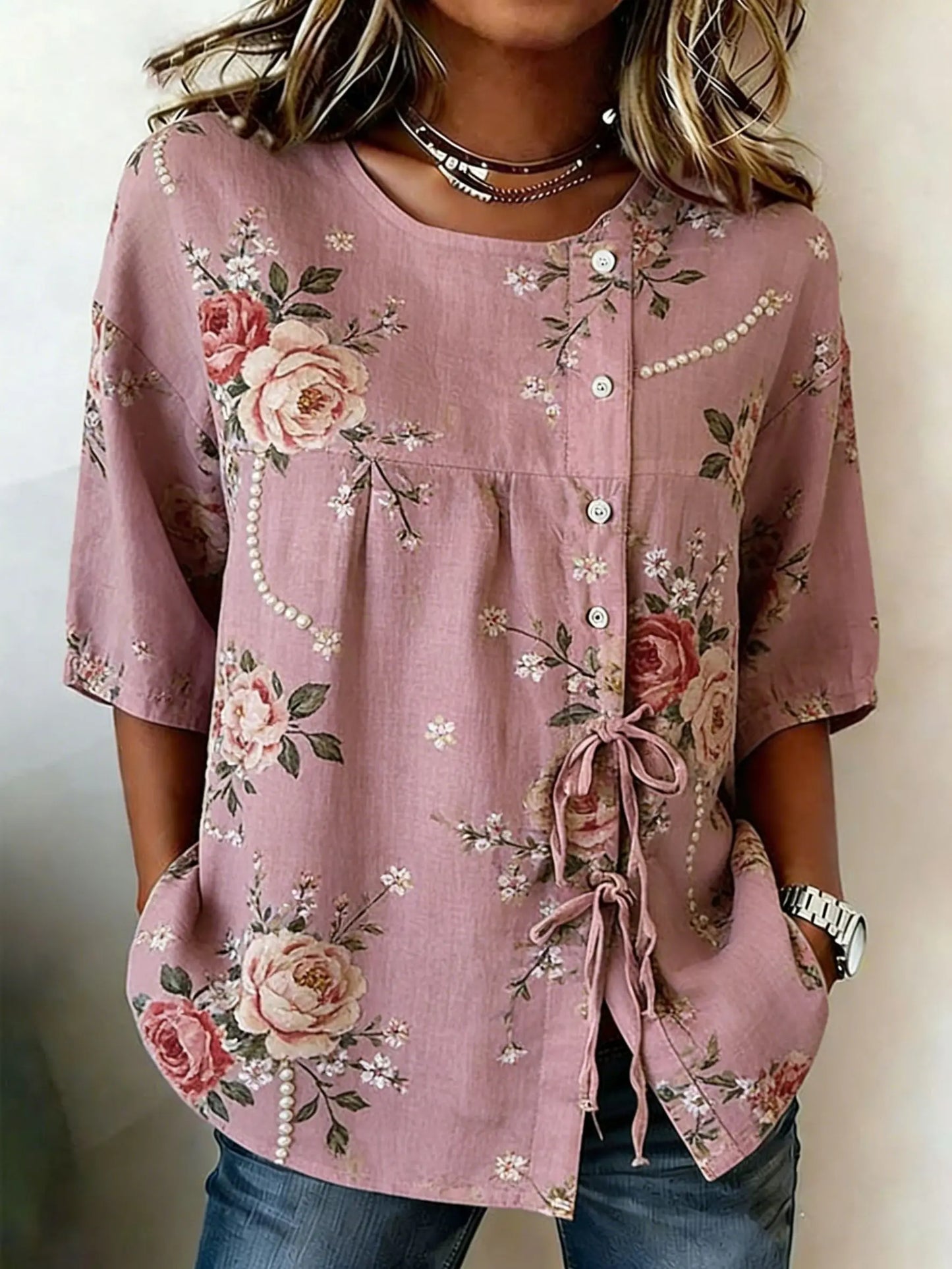 Crew Neck Side Tie Blouse