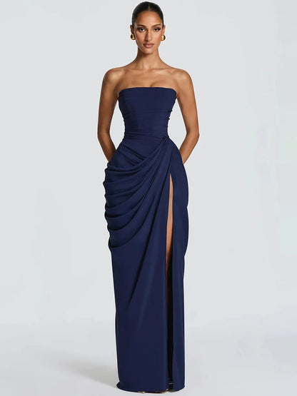 Strapless Ruched High Slit Sleeveless Maxi Dress