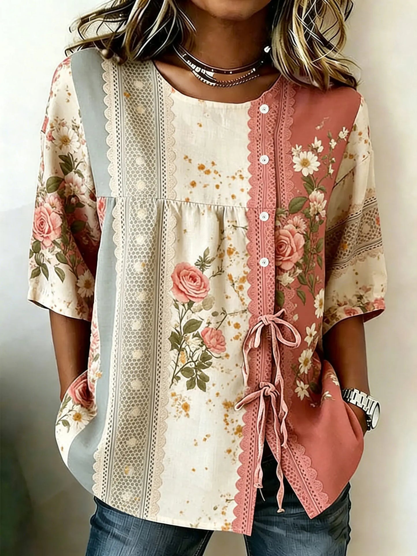 Crew Neck Side Tie Blouse