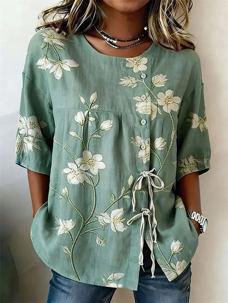 Crew Neck Side Tie Blouse