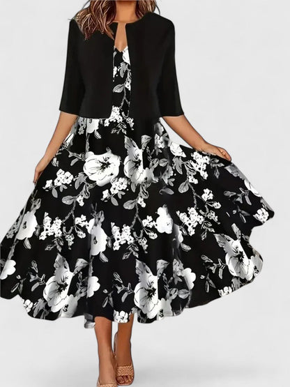 Floral Printed Layered Flared Sleeved Midi Dress