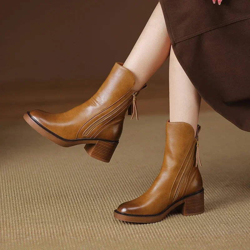 Round Toe Side Zipper Block Heel Ankle Boots