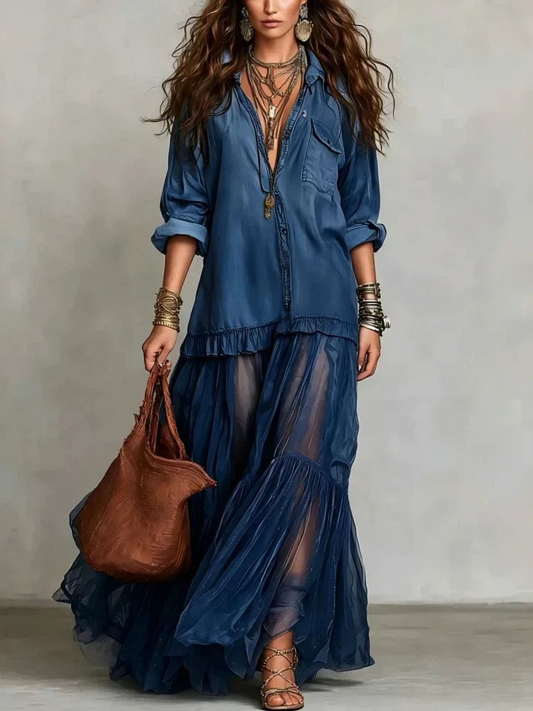 Collared Buttoned Pocketed Tiered Long Dress