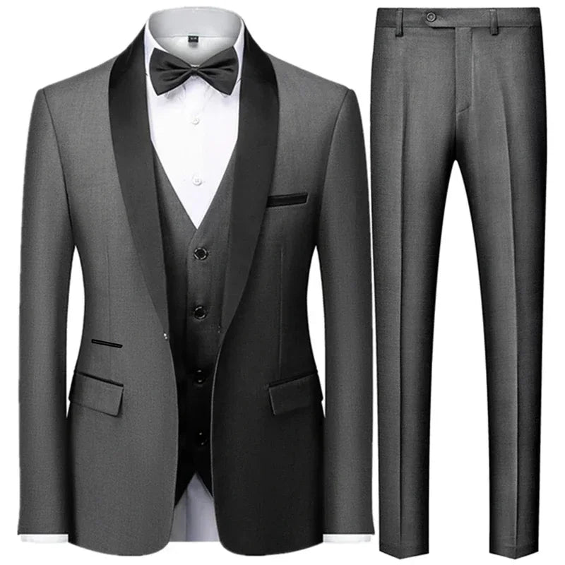 Slim Solid Satin Lapel V Neck Tailored Three Piece Set Suit