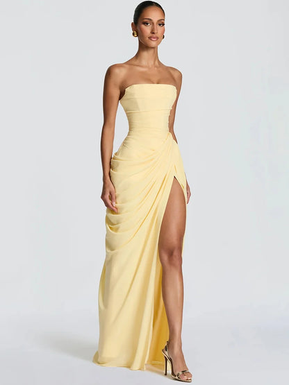 Strapless Ruched High Slit Sleeveless Maxi Dress