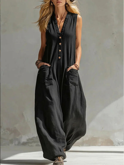 Sleeveless Buttoned Pocketed Relaxed Wide Long Jumpsuit
