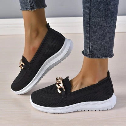 Chain Detail Round Toe Textured Slip On Shoes