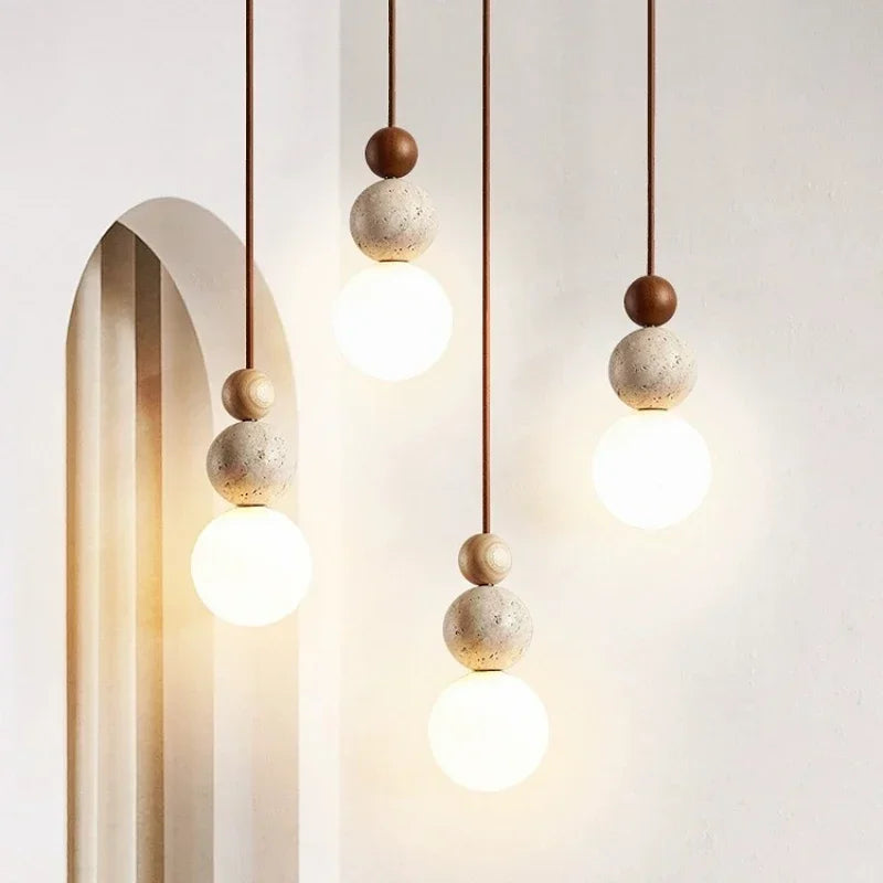Stone and Wood Orb Pendant Light