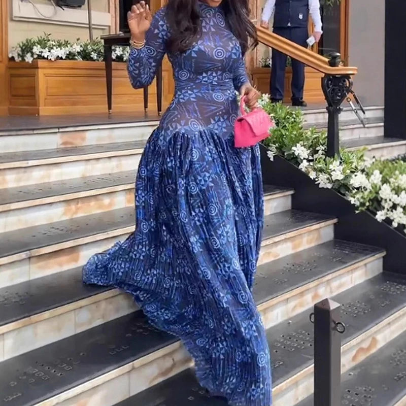 Fitted Banded Printed Gathered Flared Long Dress