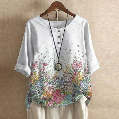 Graphic Crew Neck Curved Hem Medium Sleeve Blouse
