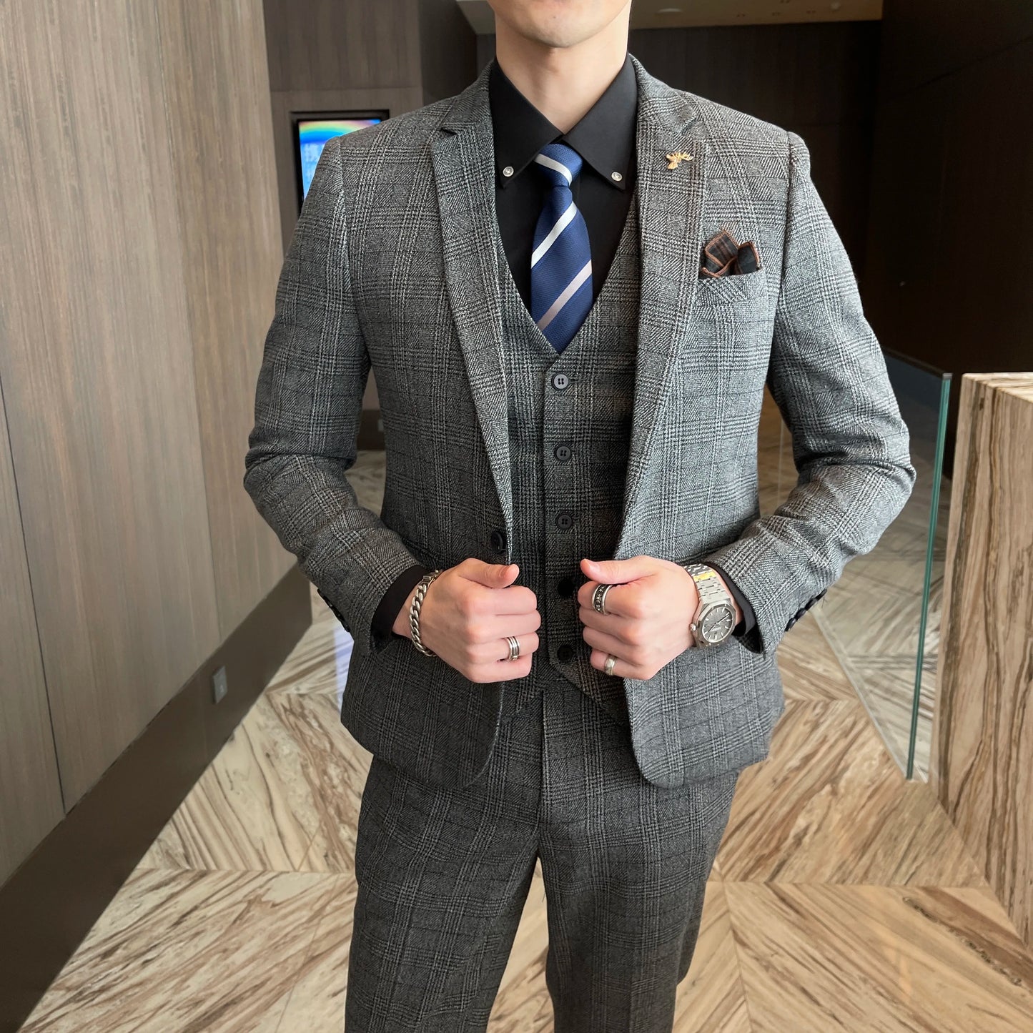 Structured Check Button Up Notch Lapel Straight Three Piece Set Suit