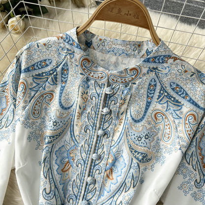 Paisley Printed Belted Bishop Sleeve Maxi Dress