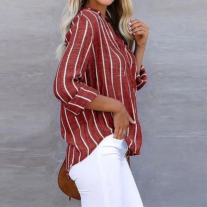 Vertical Striped Buttoned Cuffed Relaxed Top