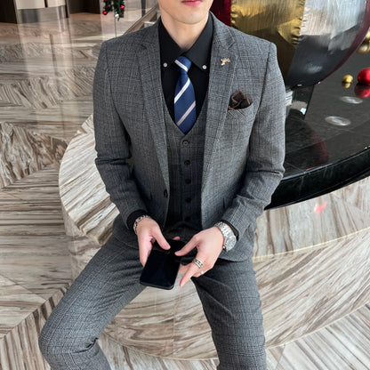 Structured Check Button Up Notch Lapel Straight Three Piece Set Suit