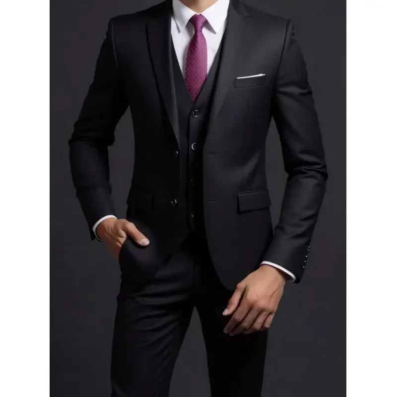 Solid Slim Three-Piece Suit Set