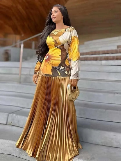 Floral Flared Pleated Long Buttoned Dress