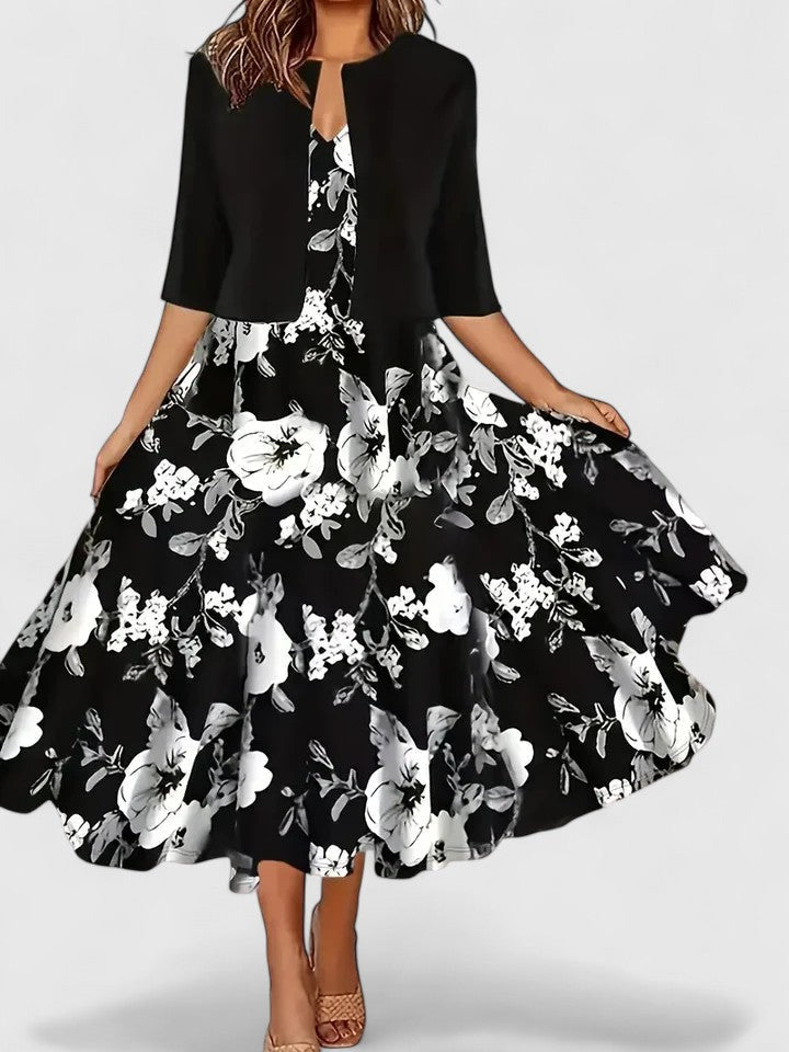 Floral Printed Layered Flared Sleeved Midi Dress