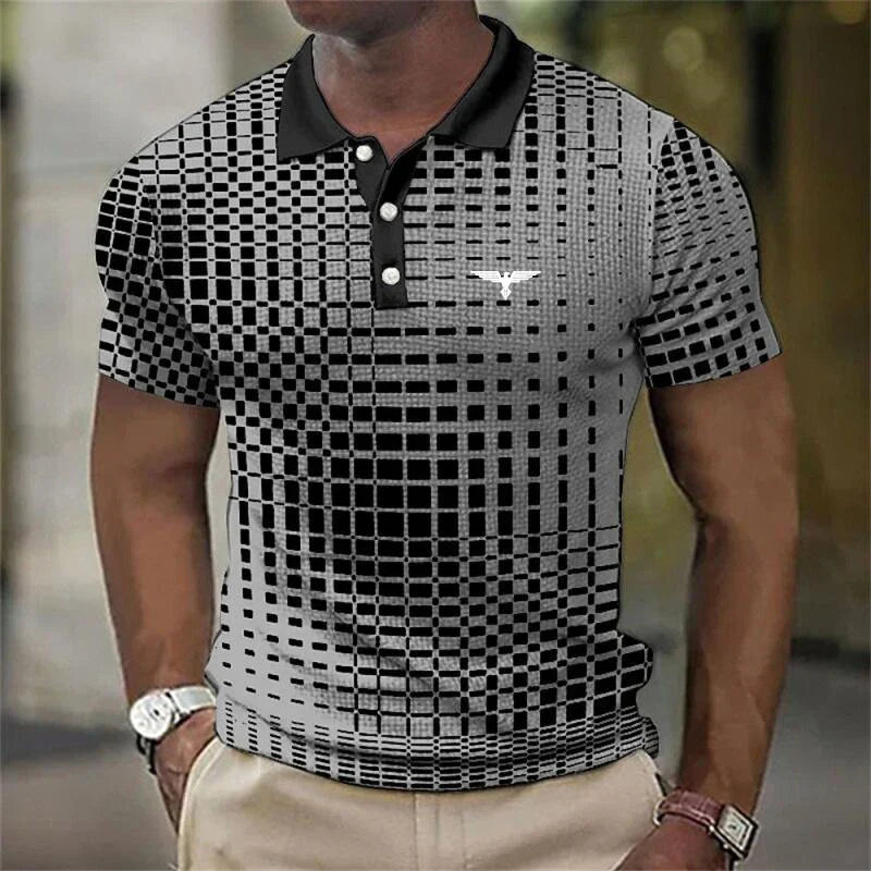 Men's Contrast Collar Short Sleeve Geometric Print Stretch Polo Shirt