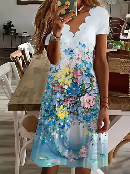 Short Scalloped Floral Printed Flared Midi Dress
