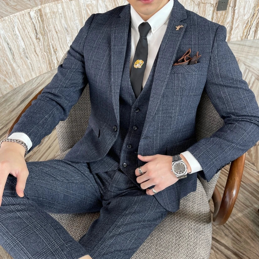 Structured Check Button Up Notch Lapel Straight Three Piece Set Suit