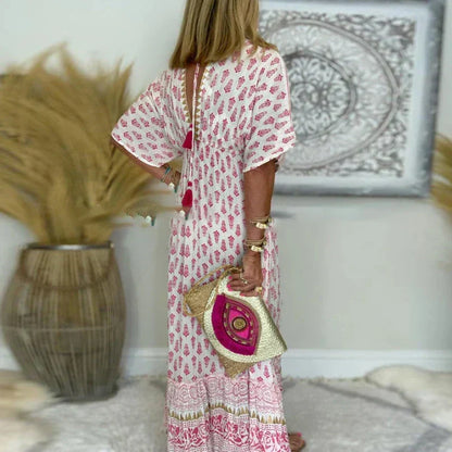V Neck Printed Tiered Ruffled Maxi Dress