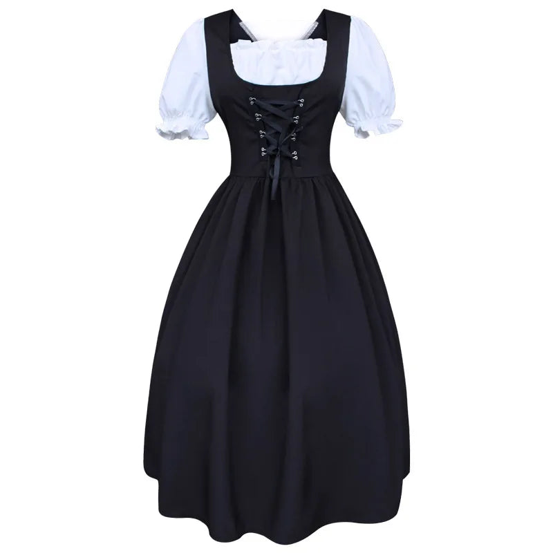 Women's Square Neck Puff Sleeve Lace-Up Midi Oktoberfest Dress