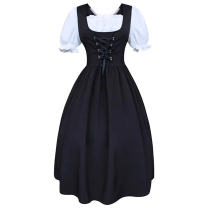 Women's Square Neck Puff Sleeve Lace-Up Midi Oktoberfest Dress
