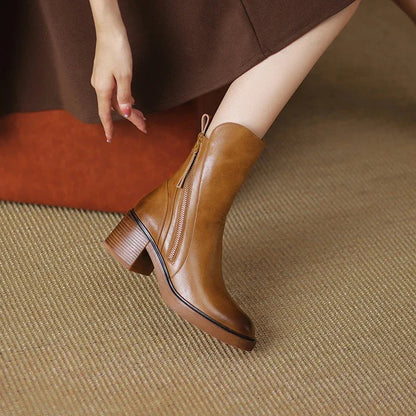 Round Toe Side Zipper Block Heel Ankle Boots