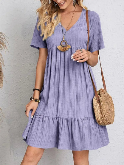 Textured Tiered Gathered Flared Short Relaxed Dress