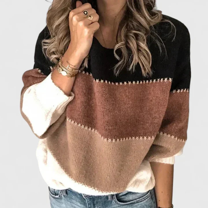 Crew Neck Long Sleeve Color-Block Striped Sweater For Women