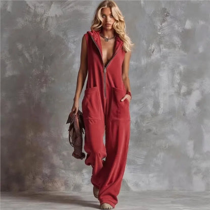Hooded Zippered Sleeveless Plunging Pocketed Wide Jumpsuit