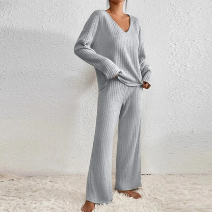 V-Neck Long Sleeve Loungewear Set with Wide Leg Pants
